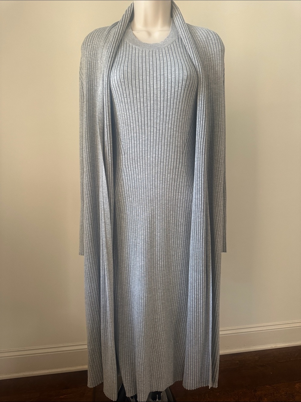 Ribbed Long Sleeve Maxi/Midi Dress with Matching Drape - Light Gray